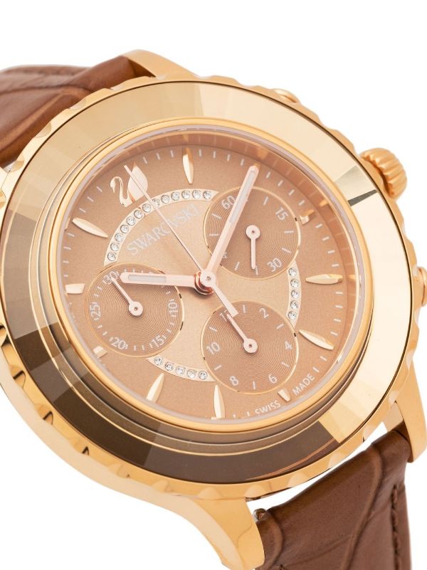 Swarovski Octea Lux Chrono Brown Gold Dial Brown Leather Strap Watch for Women - 5632260