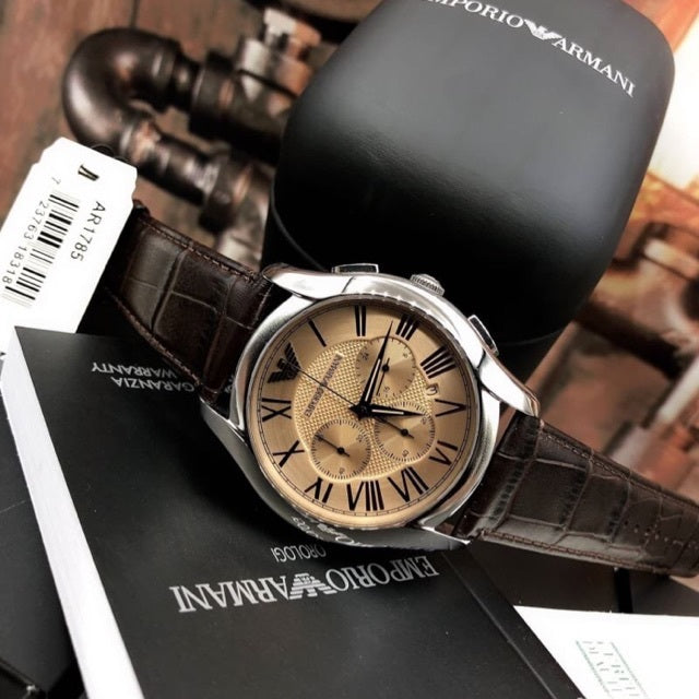 Emporio Armani Valente Chronograph Brown Dial Brown Leather Strap Watch For Men - AR1785