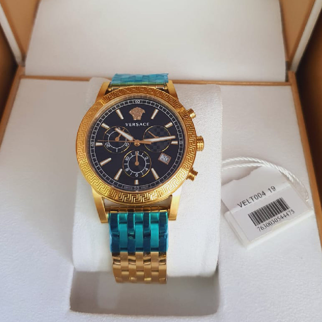 Versace Sport Tech Chronograph Black Dial Gold Steel Strap Watch for Men - VELT00419
