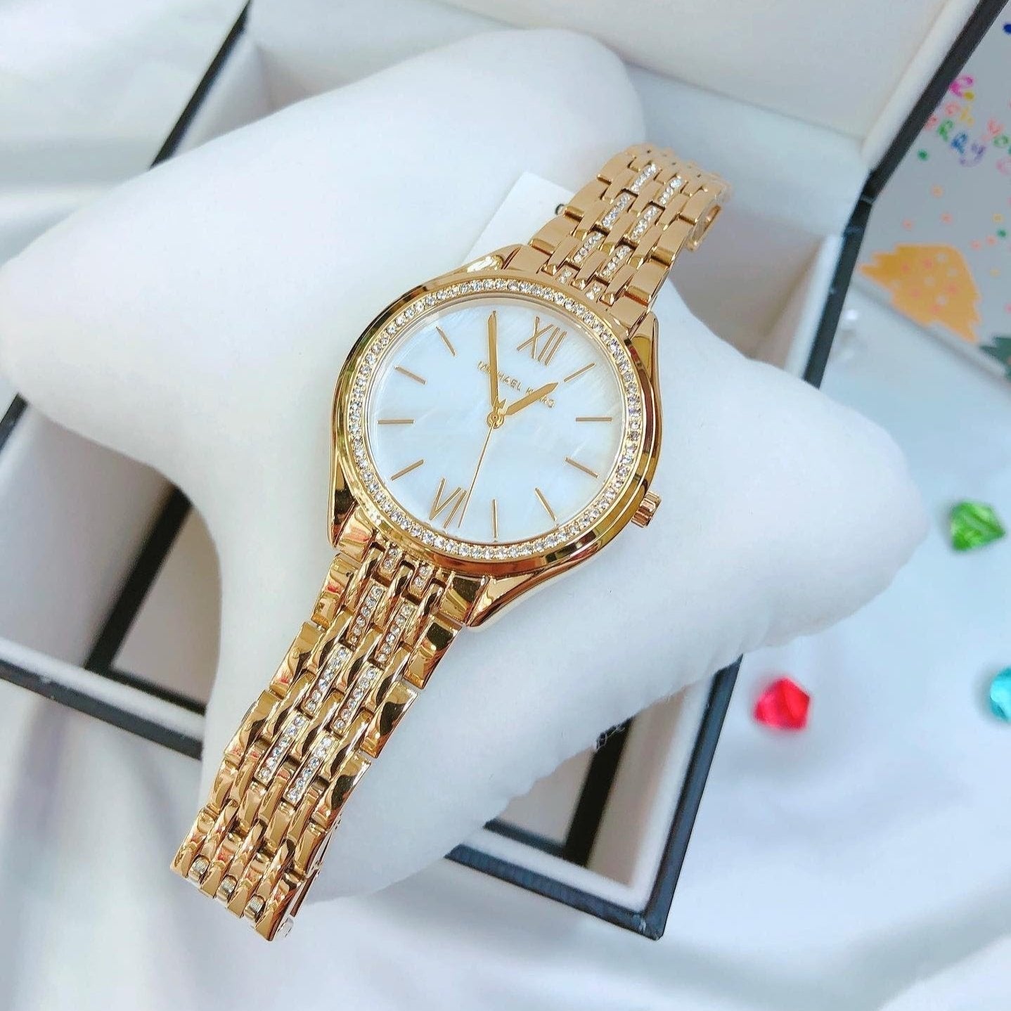 Michael Kors Mindy Three Hand White Dial Rose Gold Steel Strap Watch for Women - MK7078