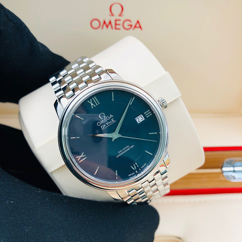 Omega De Ville Prestige Co-Axial Black Dial Silver Steel Strap Watch for Men - 424.10.40.20.01.001