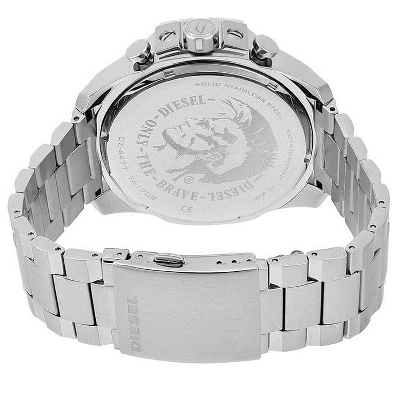 Diesel Mega Chief Chronograph White Dial Silver Steel Strap Watch For Men - DZ4477