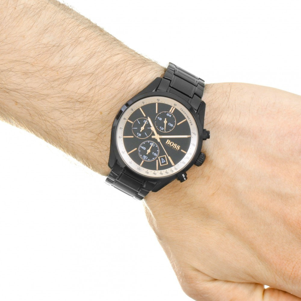 Hugo Boss Grand Prix Black Dial Black Steel Strap Watch for Men - 1513578