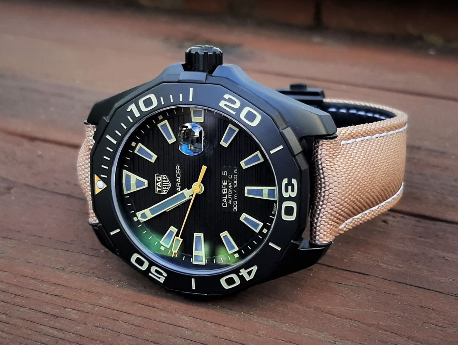 Tag Heuer Aquaracer 300 Calibre 5 Automatic Black Dial Brown Nylon Strap Watch for Men - WAY208C.FC6383