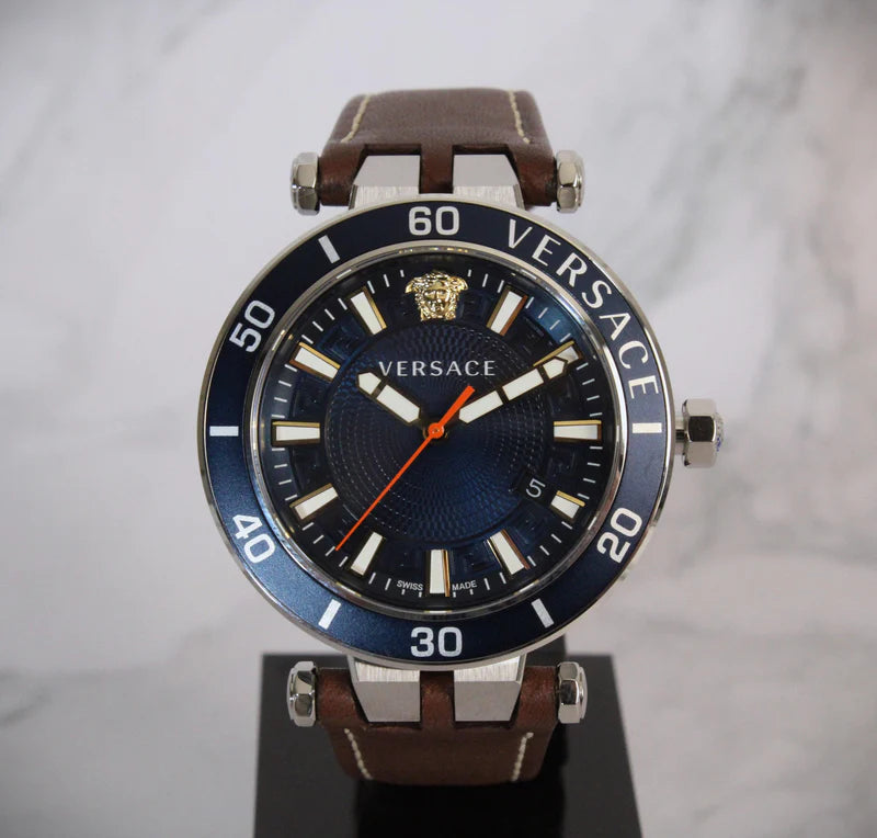 Versace Greca Sport Analog Blue Dial Brown Leather Strap Watch For Men - VEZ300121
