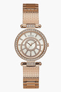 Guess Muse Quartz Silver Dial Rose Gold Steel Strap Watch For Women - W1008L3