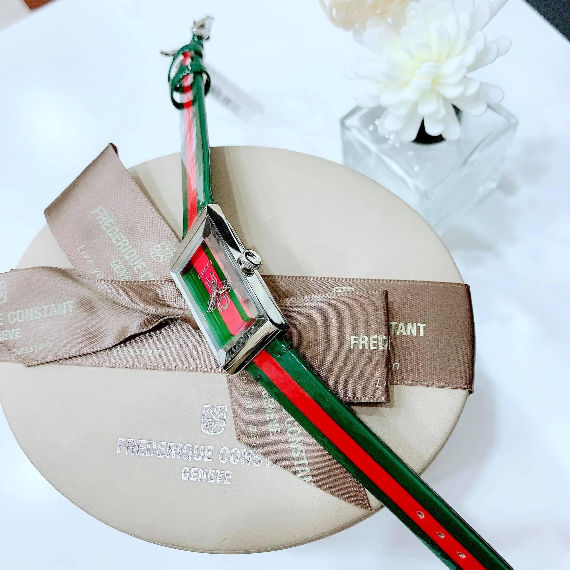 Gucci G Frame Quartz Green & Red Mother of Pearl Dial Multicolor Leather Strap Watch For Women - YA147408