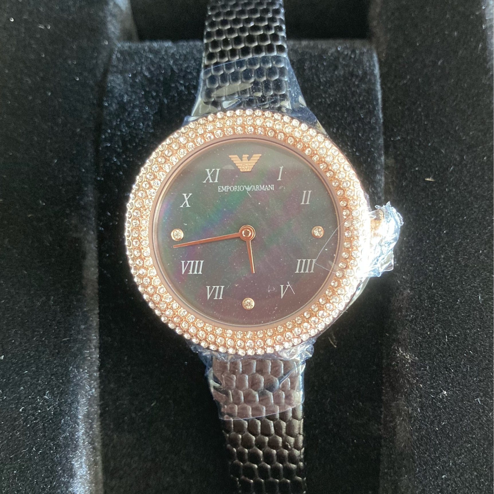 Emporio Armani Aviator Crystals Mother of Pearl Black Dial Black Silicon Strap Watch For Women - AR11373