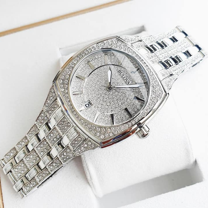 Bulova Phantom Swarovski Crystal Pave Silver Dial Silver Steel Strap Watch for Men - 98B296