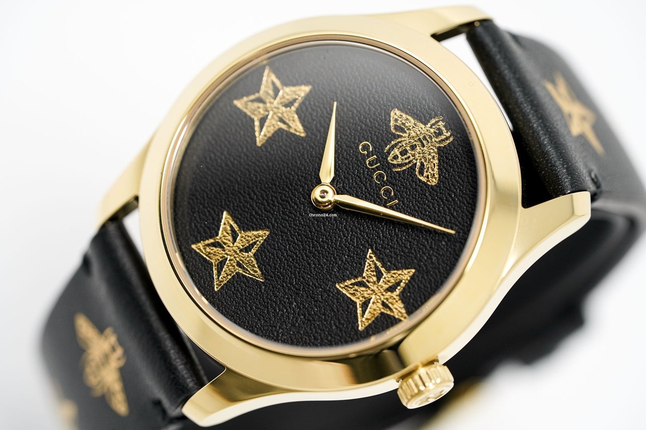 Gucci G Timeless Bee Motif Black Dial Black Leather Strap Watch For Women - YA1264055