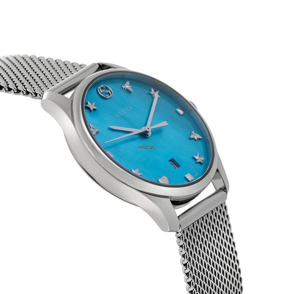 Gucci G-Timeless Turquiose Mother of Pearl Dial Silver Mesh Bracelet Watch For Women - YA1264039
