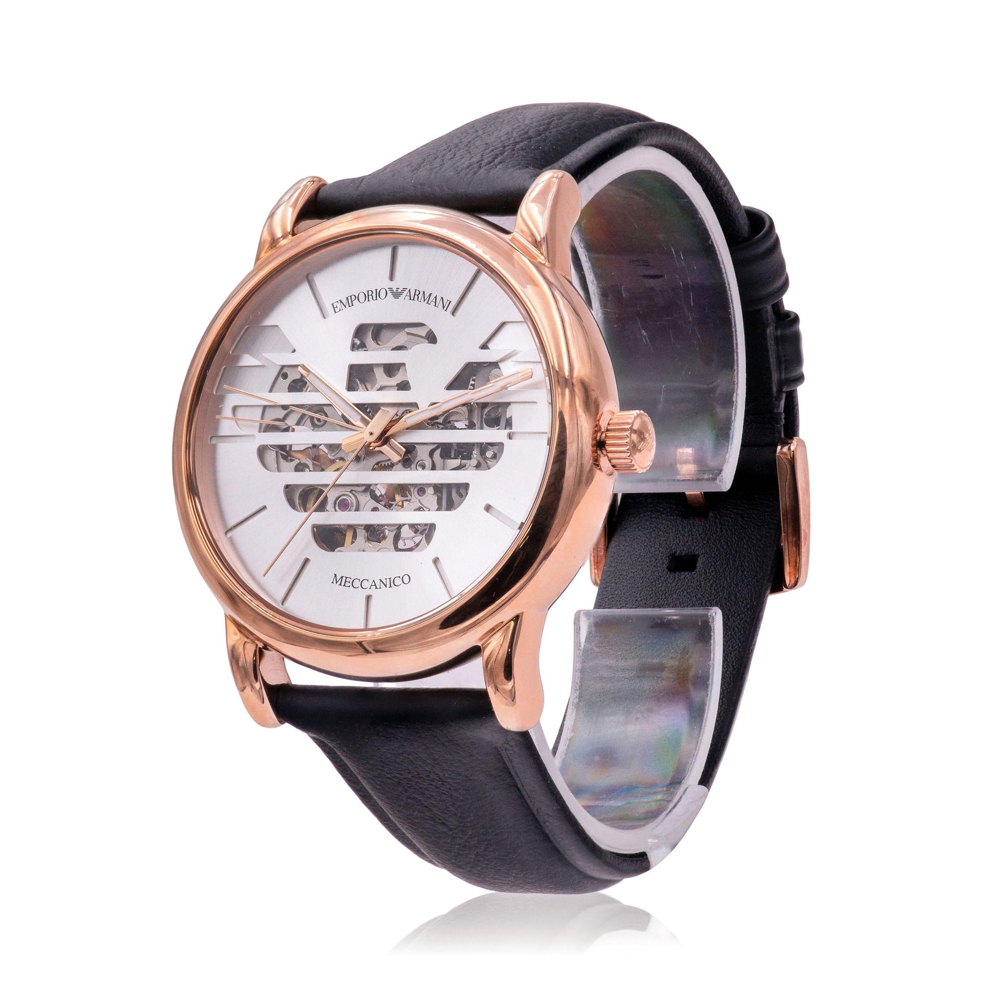 Emporio Armani Meccanico Skeleton Silver Dial Black Leather Strap Watch For Men - AR60031