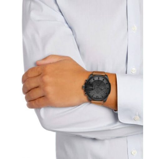 Diesel Mega Chief Chronograph Grey Dial Brown Leather Strap Watch For Men - DZ4463