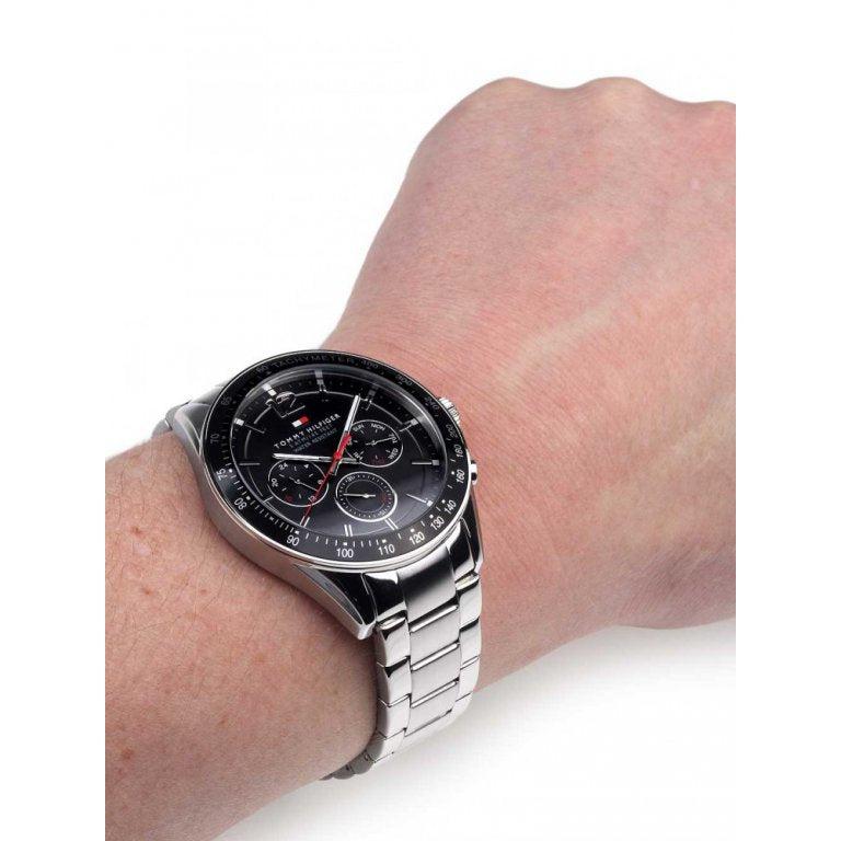 Tommy Hilfiger Luke Chronograph Black Dial Silver Steel Strap Watch for Men - 1791104