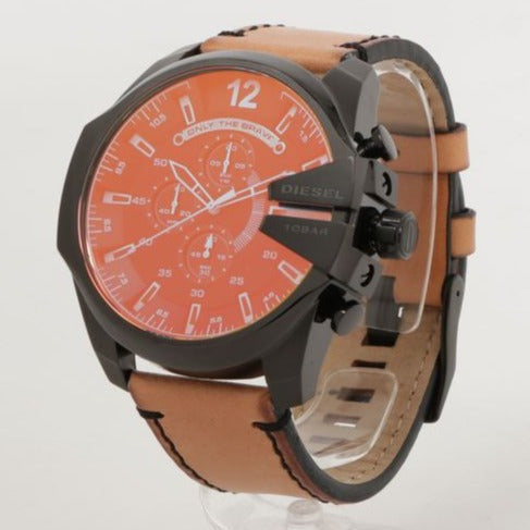 Diesel Mega Chief Chronograph Black Dial Brown Leather Strap Watch For Men - DZ4476