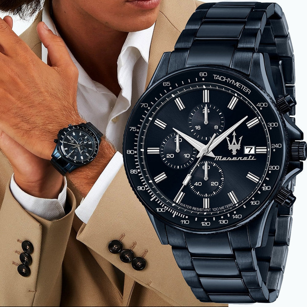 Maserati SFIDA Chronograph Blue Dial Blue Steel Strap Watch For Men - R8873640023