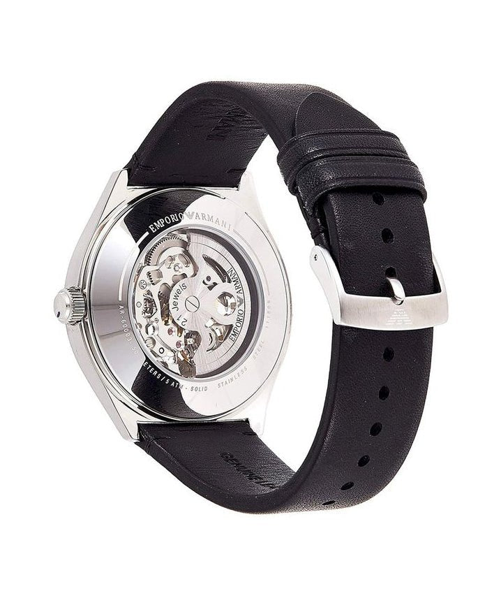 Emporio Armani Meccanico White Skeleton Dial Black Leather Strap Watch For Men - AR60003