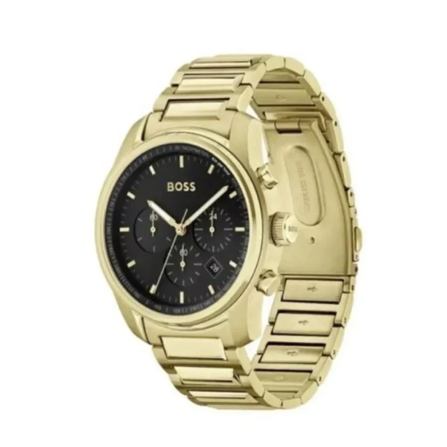 Hugo Boss Trace Chronograph Black Dial Gold Steel Strap Watch For Men - 1514006