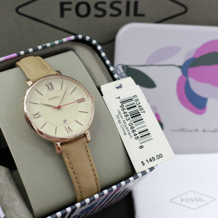 Fossil Jacqueline White Dial Brown Leather Strap Watch for Women - ES3487