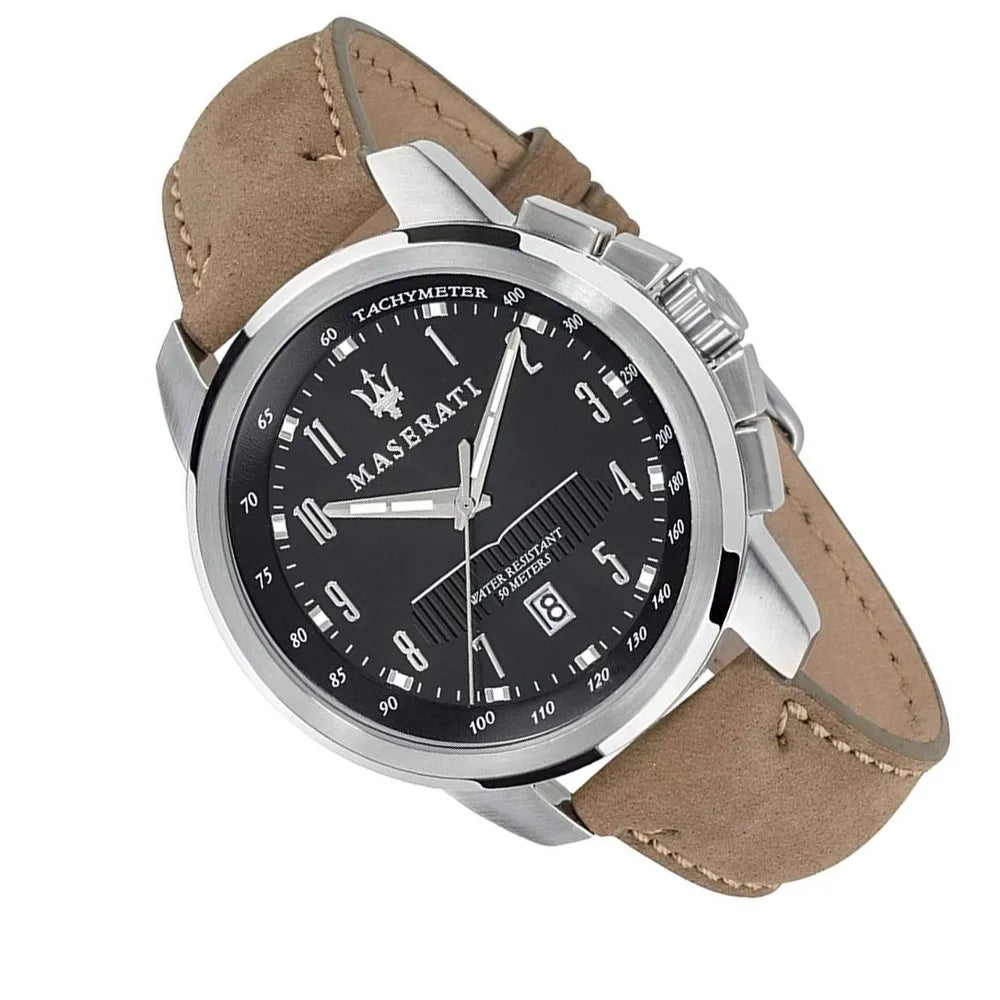 Maserati Successo Black Dial Beige Leather Strap Watch For Men - R8851121004