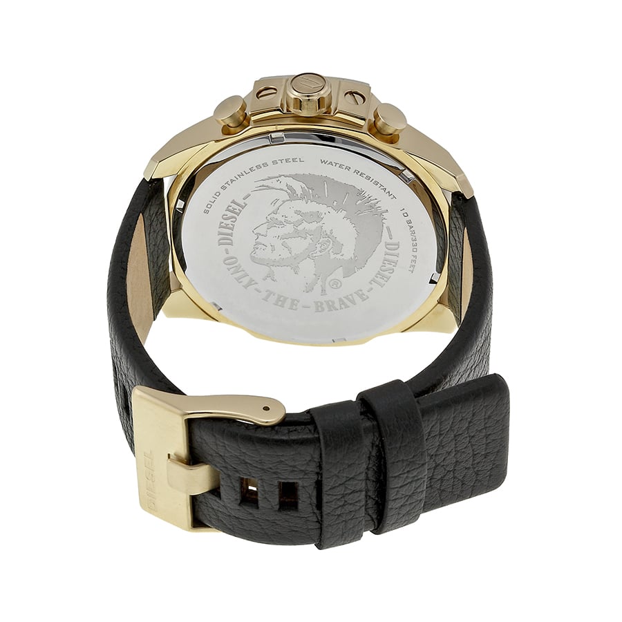 Diesel Mega Chief Chronograph Black Dial Black Leather Strap Watch For Men - DZ4344