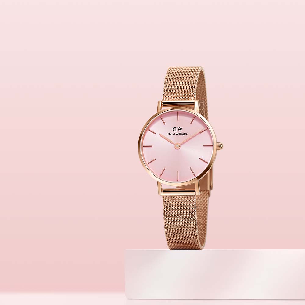 Daniel Wellington Petite Melrose Pink Dial Rose Gold Mesh Strap Watch For Women - DW00100367
