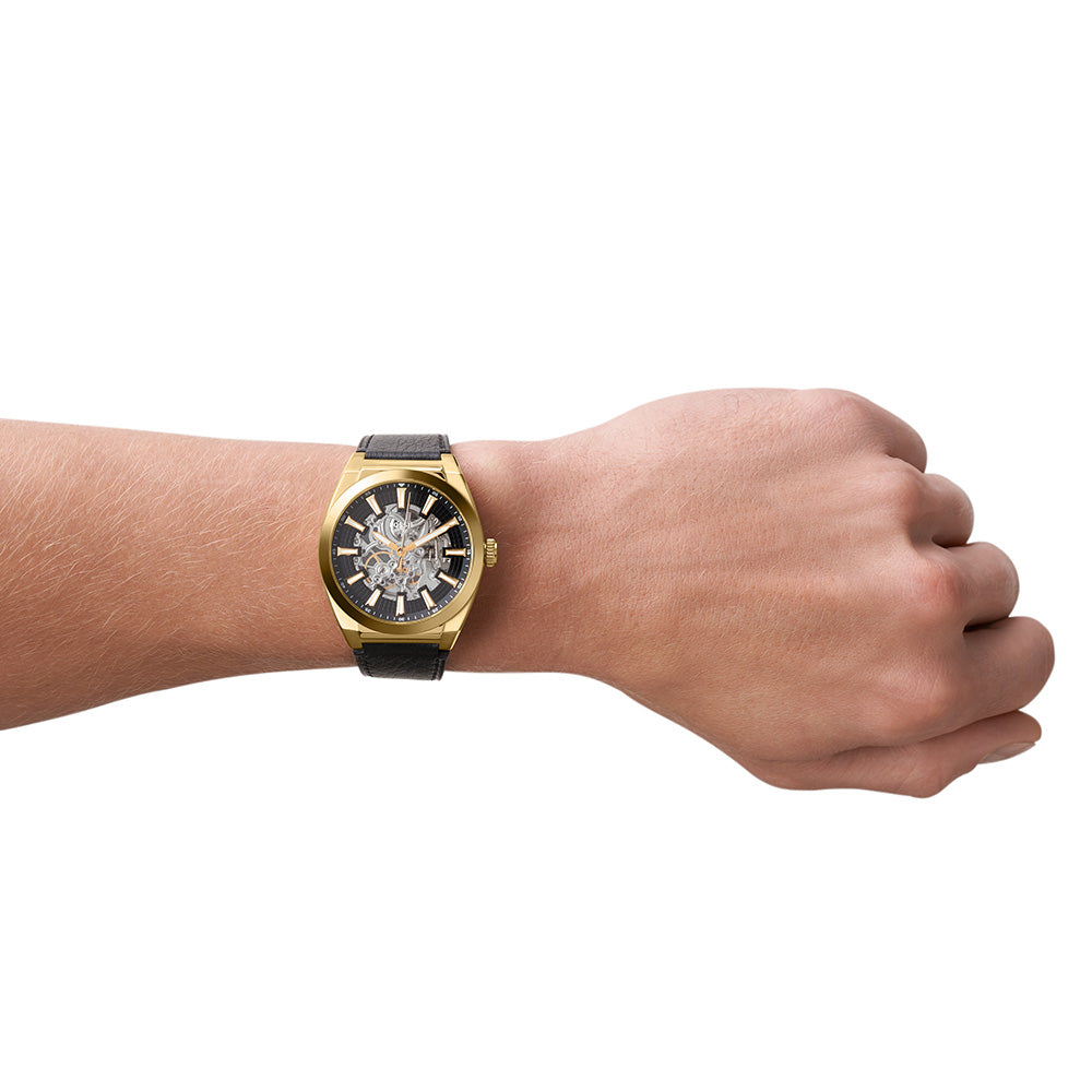 Fossil Everett Automatic Skeleton Black Dial Black Leather Strap Watch for Men - ME3208