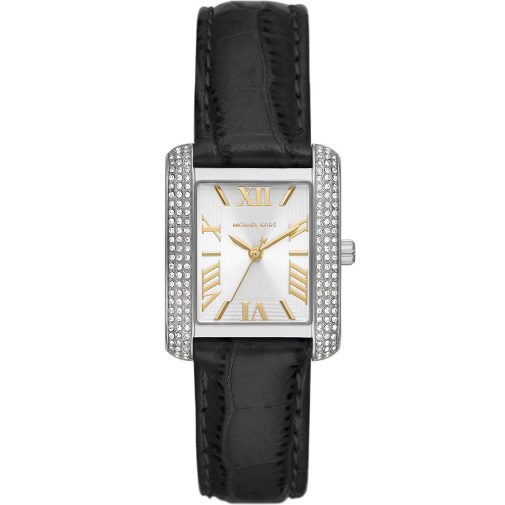 Michael Kors Emery Three Hand Silver Dial Black Leather Strap Watch For Women - MK4696