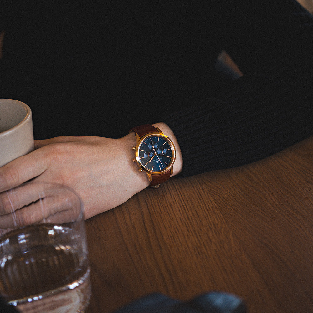 Daniel Wellington Iconic Chronograph Blue Dial Brown Leather Strap Watch For Men - DW00100639