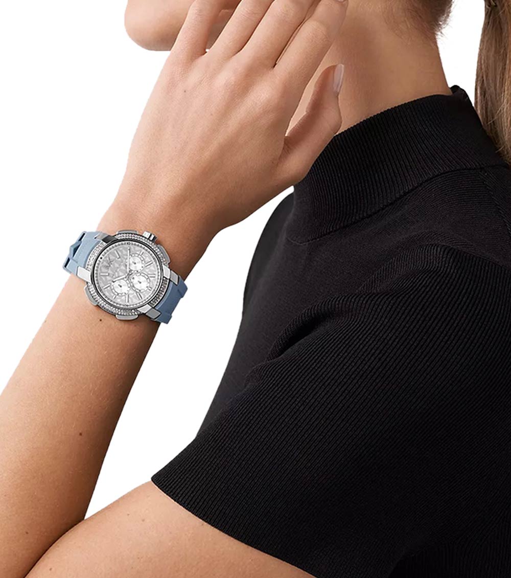 Michael Kors Sidney Multifunction Crystals Silver Dial Blue Rubber Strap Watch for Women - MK7220