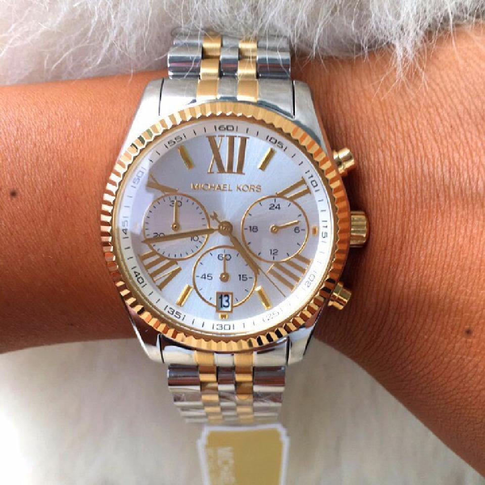 Michael Kors Lexington Silver Dial Two Tone Steel Strap Watch for Women - MK5955