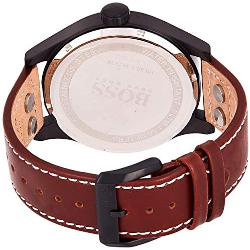 Hugo Boss Aeroliner Day Date Black Dial Brown Leather Strap Watch For Men - HB1513079