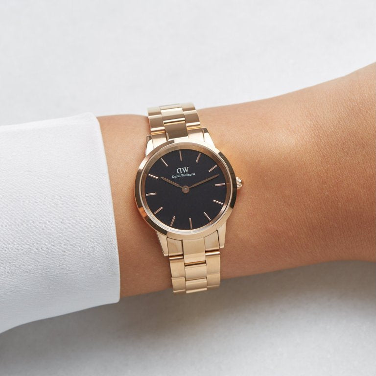 Daniel Wellington Iconic Link Black Dial Rose Gold Steel Strap Watch for Women - DW00100212