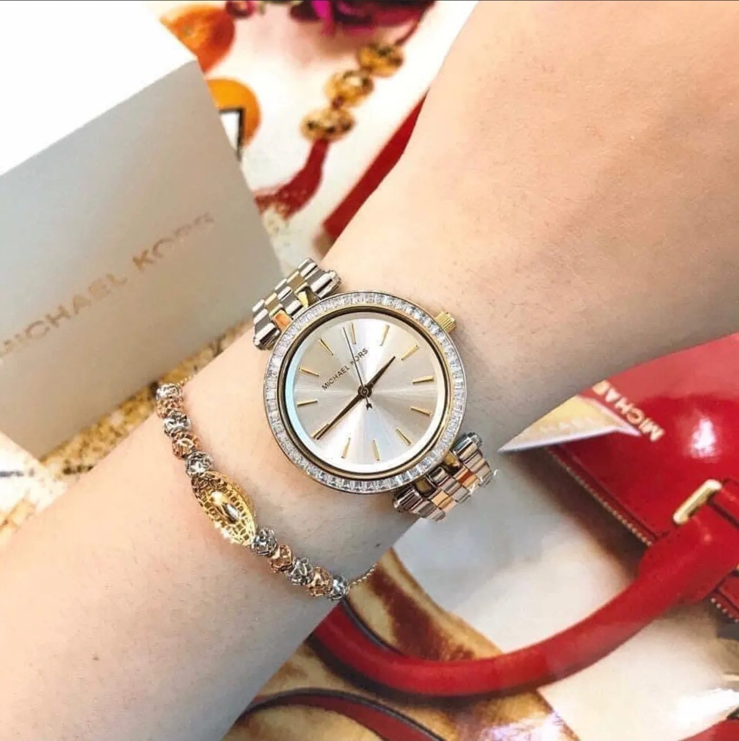 Michael Kors Darci Silver Dial Two Tone Steel Strap Watch for Women - MK3405