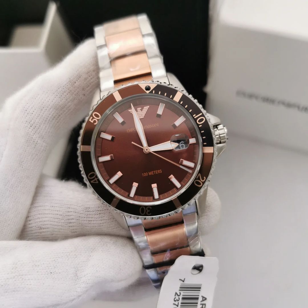 Emporio Armani Diver Quartz Brown Dial Two Tone Steel Strap Watch For Men - AR11340