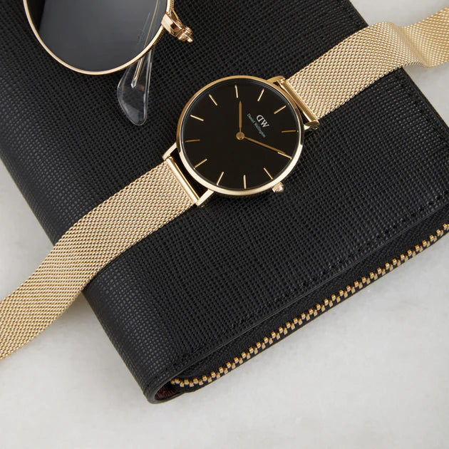 Daniel Wellington Classic Petite Black Dial Gold Mesh Bracelet Watch For Women - DW00100347
