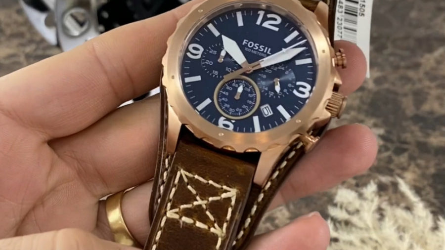 Fossil Nate Chronograph Blue Dial Brown Leather Strap Watch for Men - JR1505