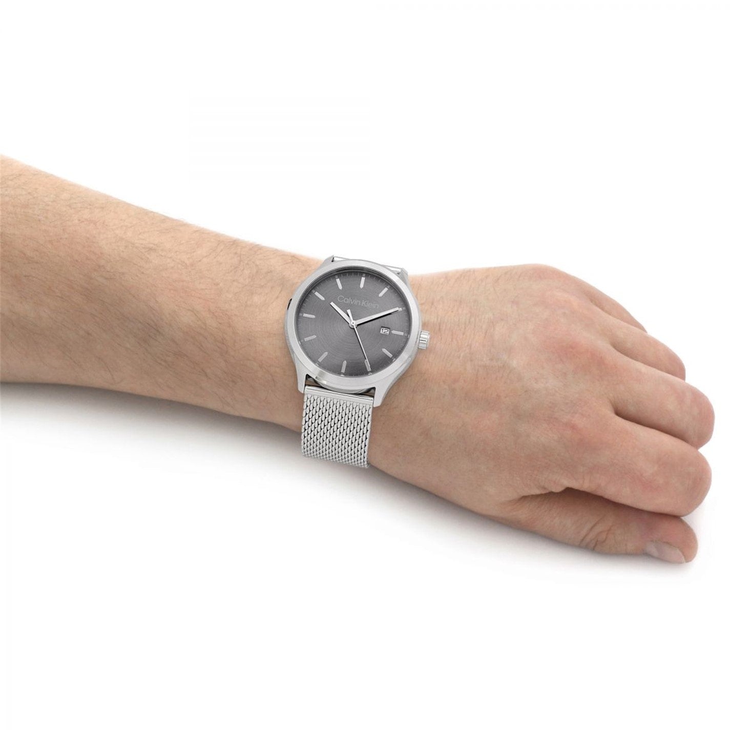 Calvin Klein Minimal Grey Dial Silver Mesh Bracelet Watch for Men - K3M21124
