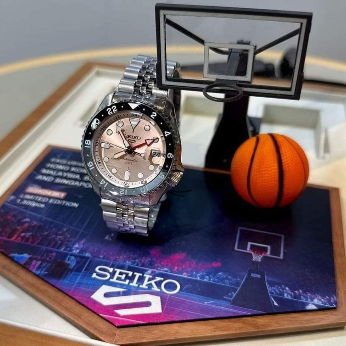 Seiko 5 Sports GMT Thong Sia Limited Edition Brown Dial Silver Steel Strap Watch for Men - SSK043K1