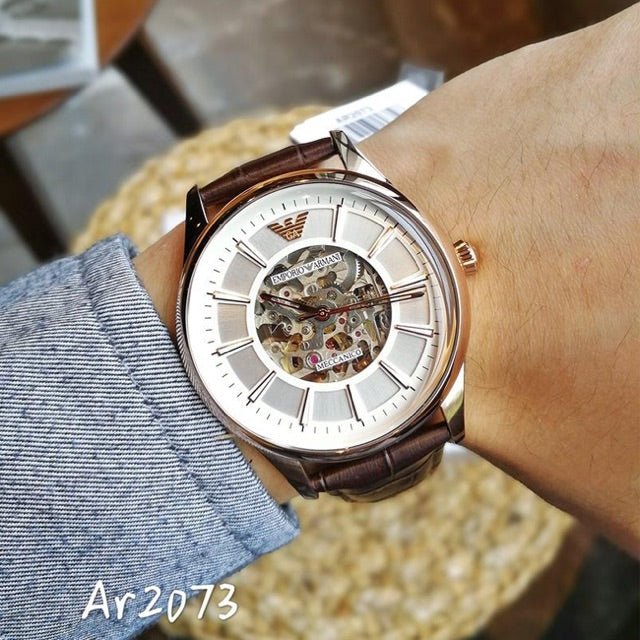 Emporio Armani Epoca White Skeletal Dial Black Leather Strap Watch For Men - AR2073