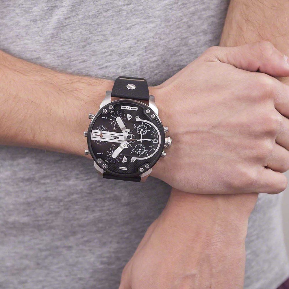 Diesel Mr Daddy Chronograph Black Dial Black Leather Strap Watch For Men - DZ7313