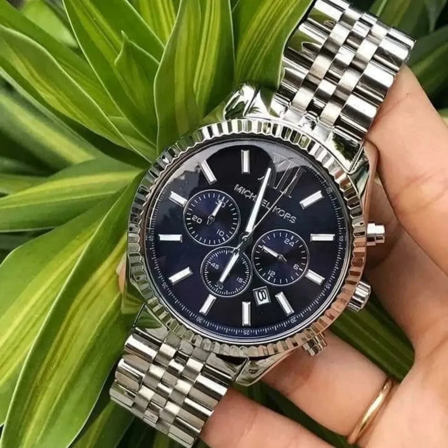 Michael Kors Lexington Chronograph Blue Dial Silver Steel Strap Watch for Men - MK8280