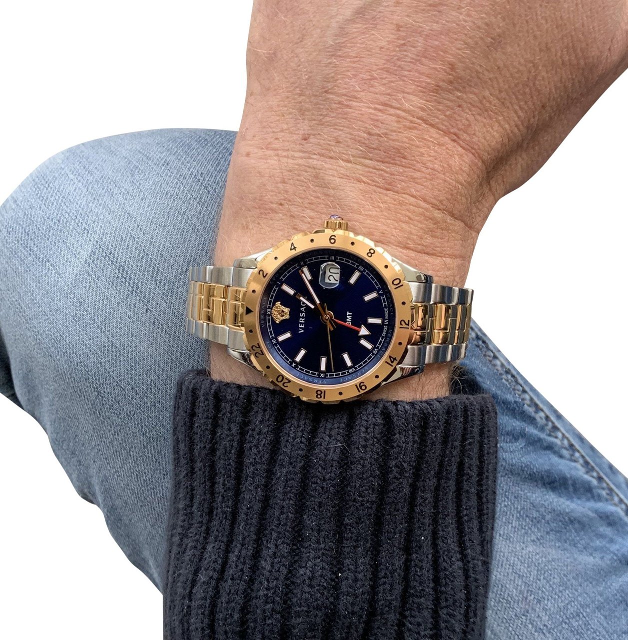 Versace Hellenyium GMT Blue Dial Two Tone Steel Strap Watch for Men - V11060017