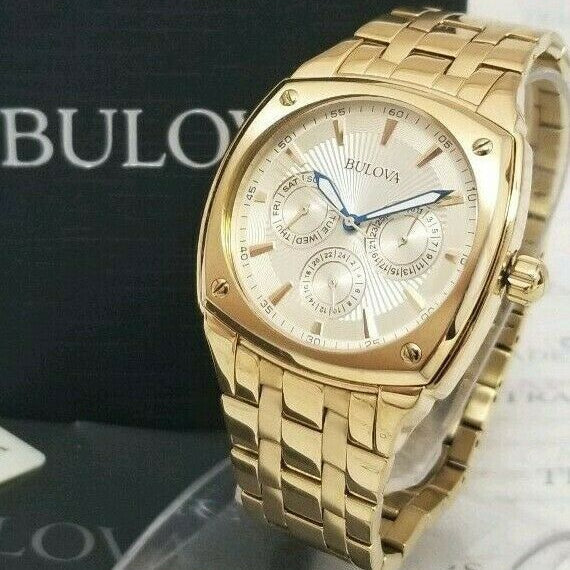 Bulova Multifunction White Dial Gold Steel Strap Watch for Men - 97C105