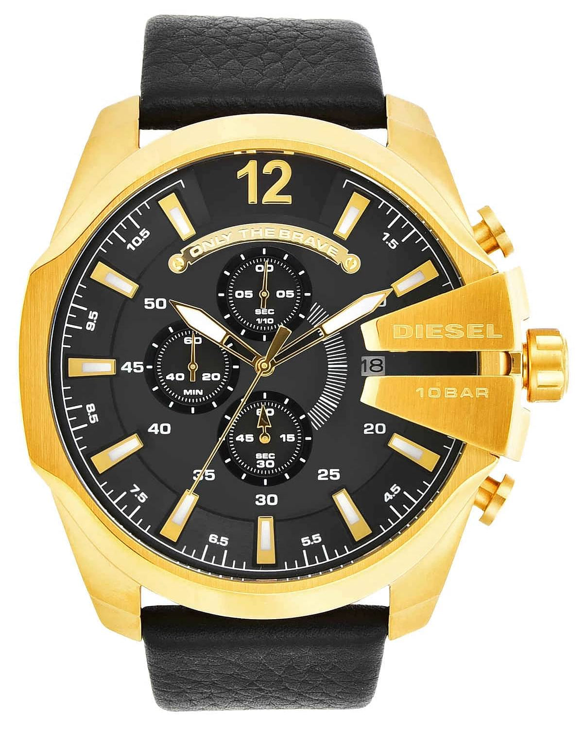 Diesel Mega Chief Chronograph Black Dial Black Leather Strap Watch For Men - DZ4344