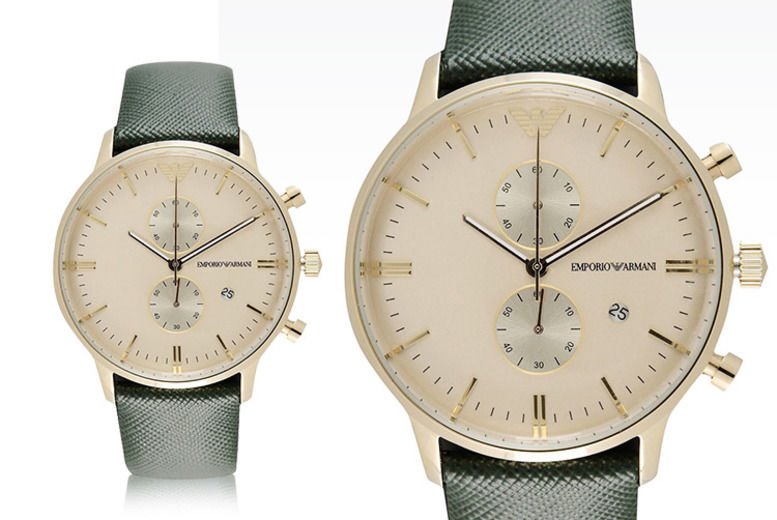 Emporio Armani Chronograph Champagne Dial Green Leather Strap Watch For Men - AR1722