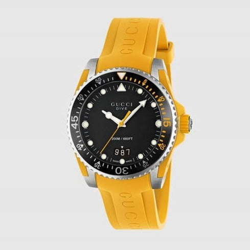 Gucci Dive Black Dial Yellow Rubber Strap Watch For Men - YA136319