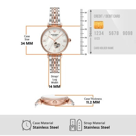 Emporio Armani Meccanico Automatic Mother of Pearl Dial Two Tone Steel Strap Watch For Women - AR60049