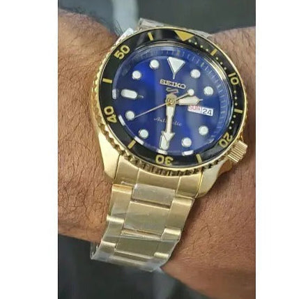 Seiko 5 Sports US Special Edition Automatic Blue Dial Gold Steel Strap Watch For Men - SRPK20