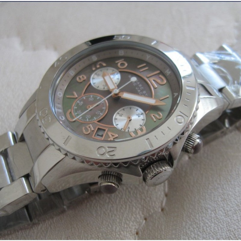 Marc Jacobs Rock Chronograph Mother of Pearl Grey Dial Silver Steel Strap Watch for Women - MBM3250